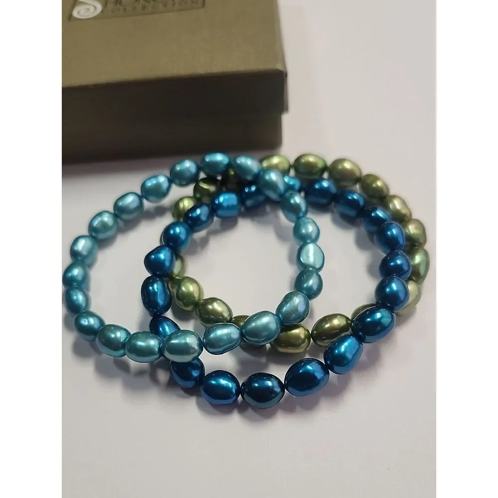 Honora Blue and Green Pearl Stretch Bracelet Set